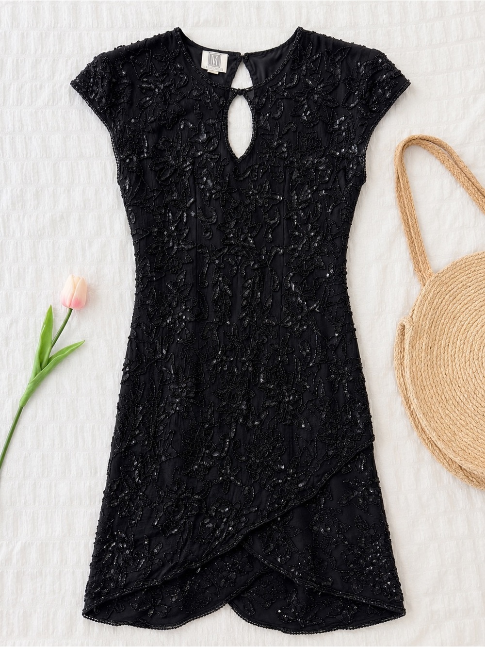 Vintage Black Beaded Cap-Sleeve Dress